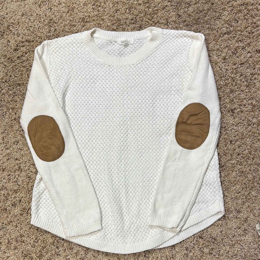 Stitch Fix Women's White Sweater with Tan Elbow Patches